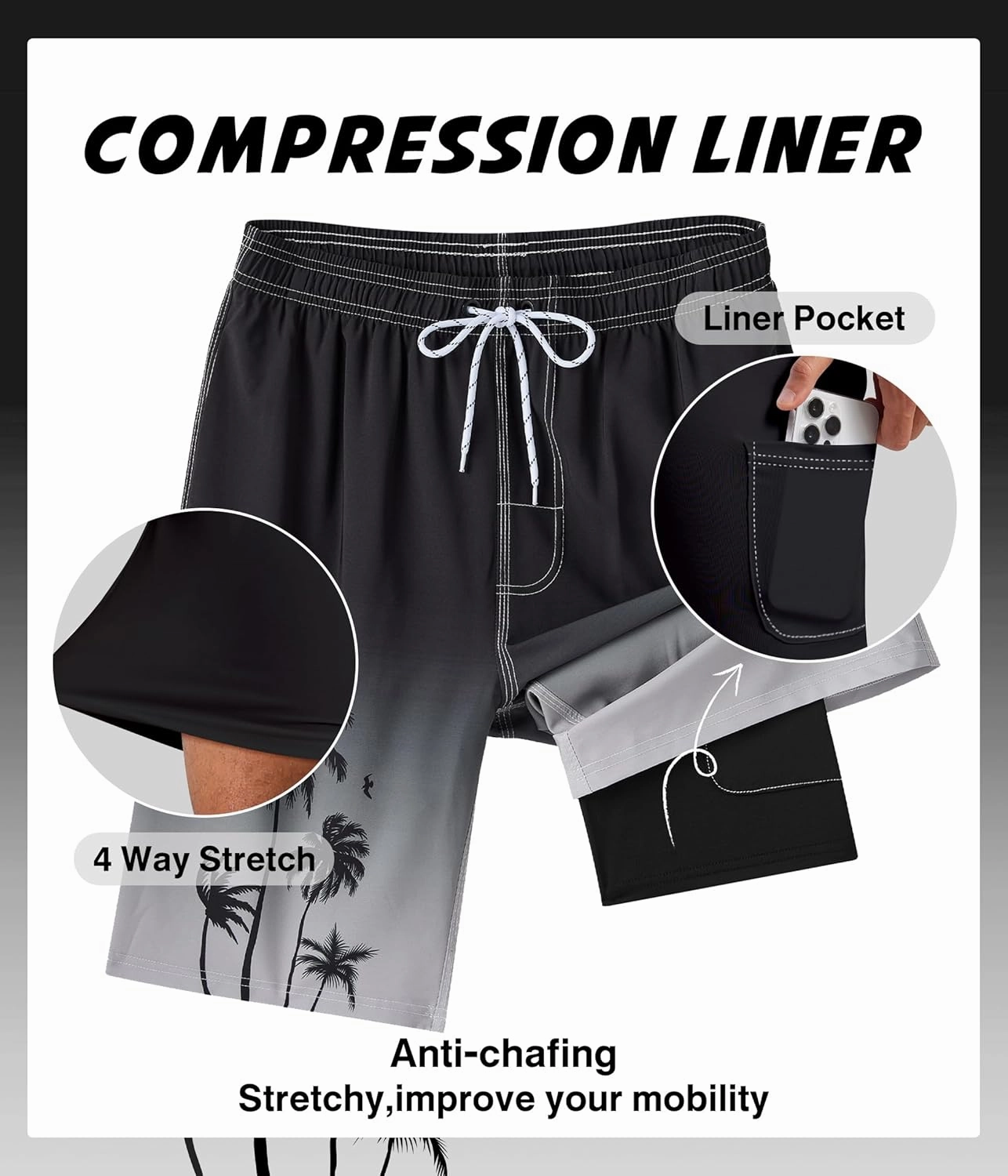 Mens Swim Trunks with Compression Liner 9" Swim Trunks Quick Dry Surfing Beach Shorts Hawaii Sports Shorts