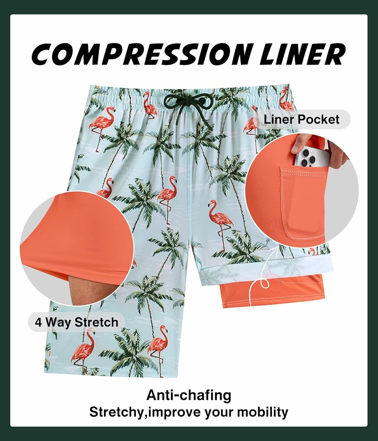 Mens Swim Trunks with Compression Liner 9" Swim Trunks Quick Dry Surfing Beach Shorts Hawaii Sports Shorts