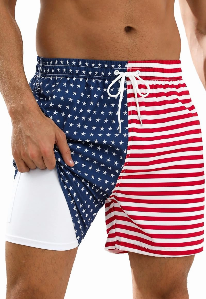 Mens Swim Trunks with Compression Liner Bathing Suits 2 Pack Quick Dry Stretch Beach Shorts 7 inch Inseam Swimwear