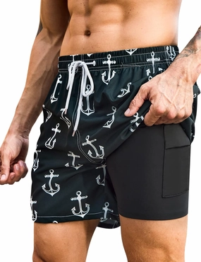 Mens Swim Trunks with Compression Liner Bathing Suits 2 Pack Quick Dry Stretch Beach Shorts 7 inch Inseam Swimwear