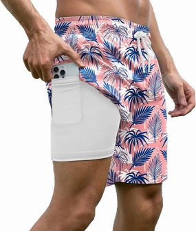 Mens Swim Trunks with Compression Liner Bathing Suits Quick Dry Beach Board Shorts with Zipper Pockets