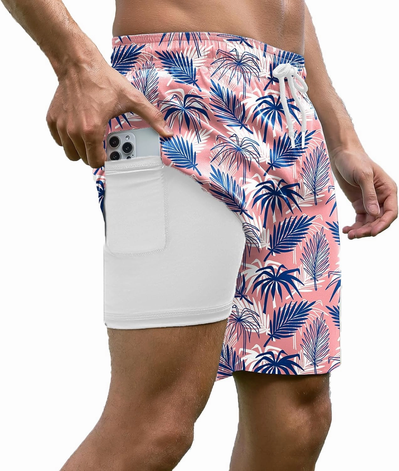 Mens Swim Trunks with Compression Liner Bathing Suits Quick Dry Beach Board Shorts with Zipper Pockets