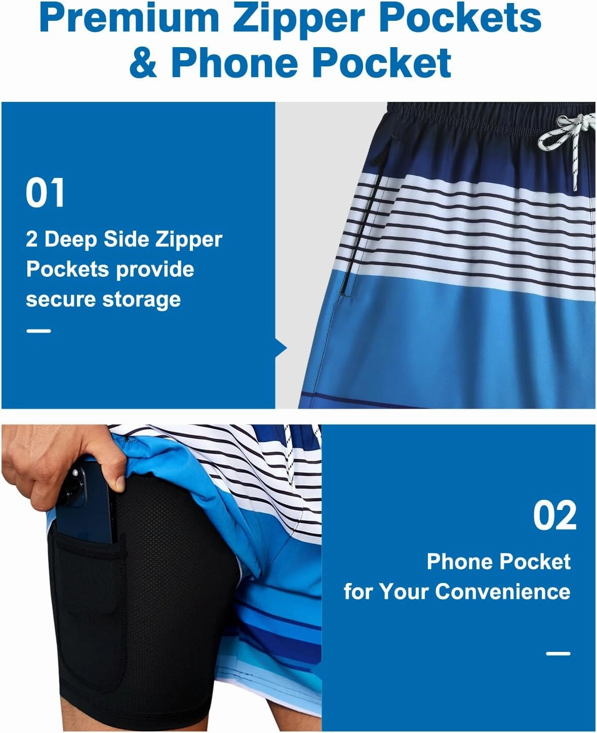 Mens Swim Trunks with Compression Liner Quick Dry Beach Shorts with Zipper Pockets