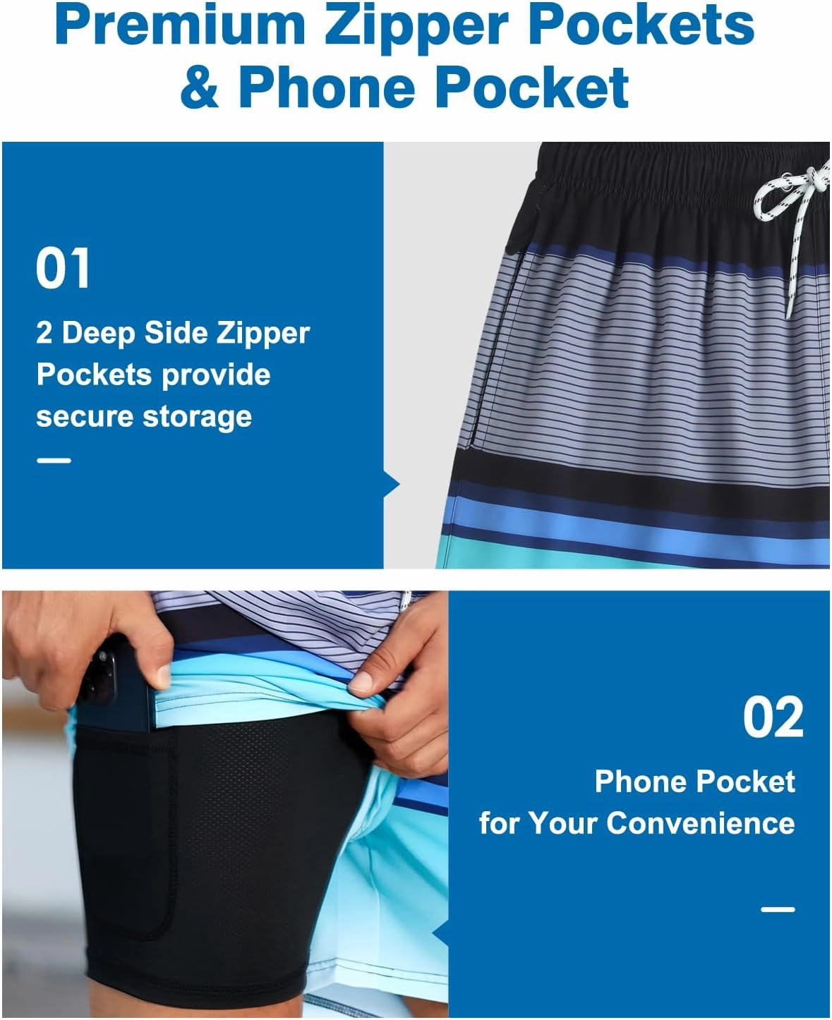 Mens Swim Trunks with Compression Liner Quick Dry Beach Shorts with Zipper Pockets