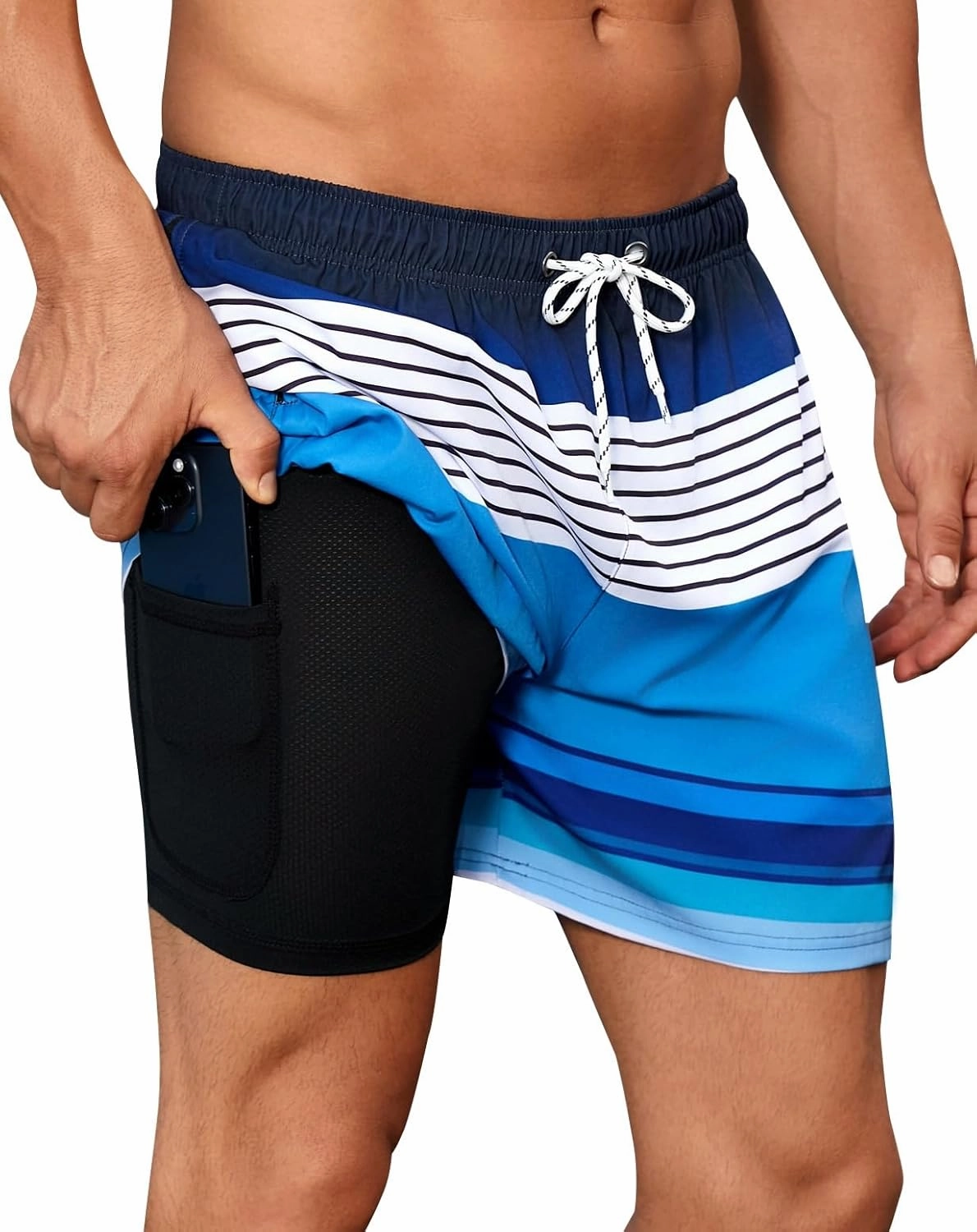 Mens Swim Trunks with Compression Liner Quick Dry Beach Shorts with Zipper Pockets