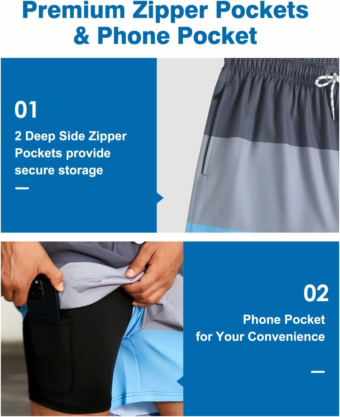 Mens Swim Trunks with Compression Liner Quick Dry Beach Shorts with Zipper Pockets