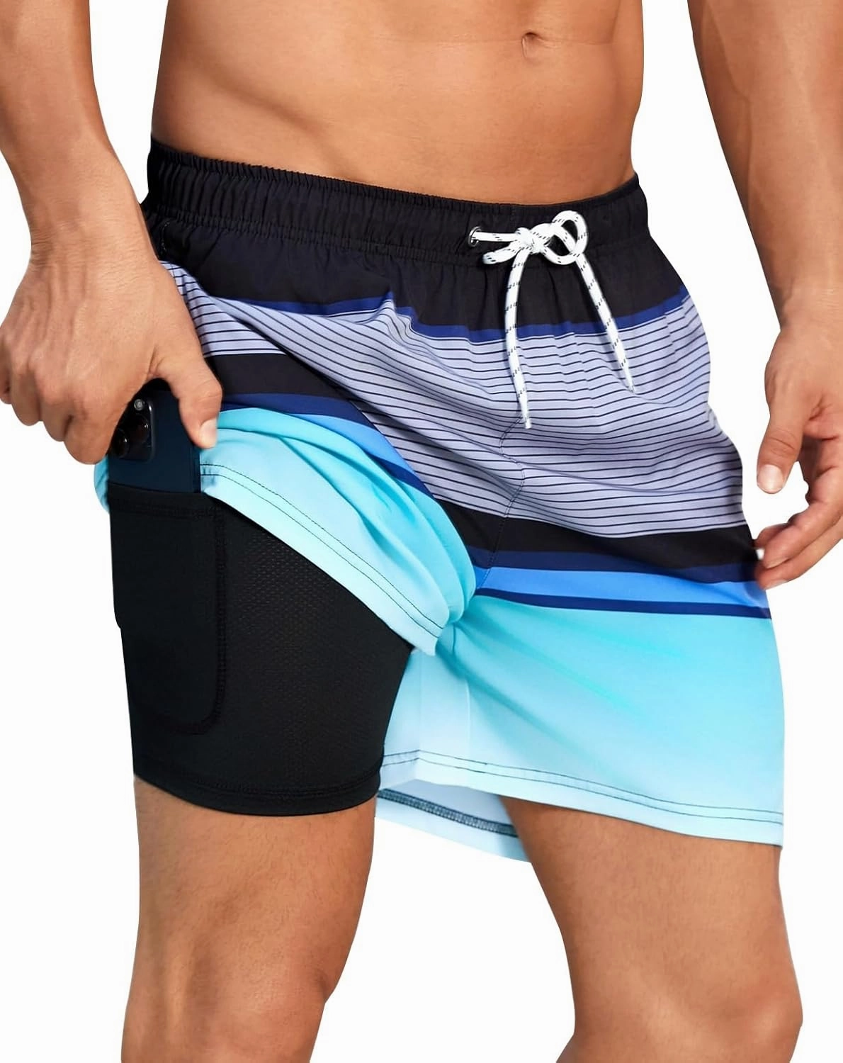 Mens Swim Trunks with Compression Liner Quick Dry Beach Shorts with Zipper Pockets