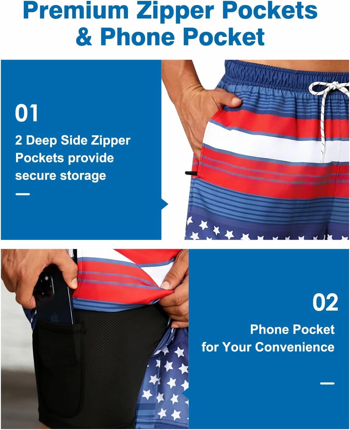 Mens Swim Trunks with Compression Liner Quick Dry Beach Shorts with Zipper Pockets