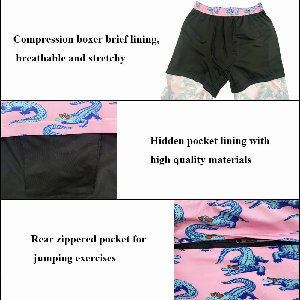 Mens Swim Trunks with Compression Liner Quick Dry Zipper Pocket Bathing