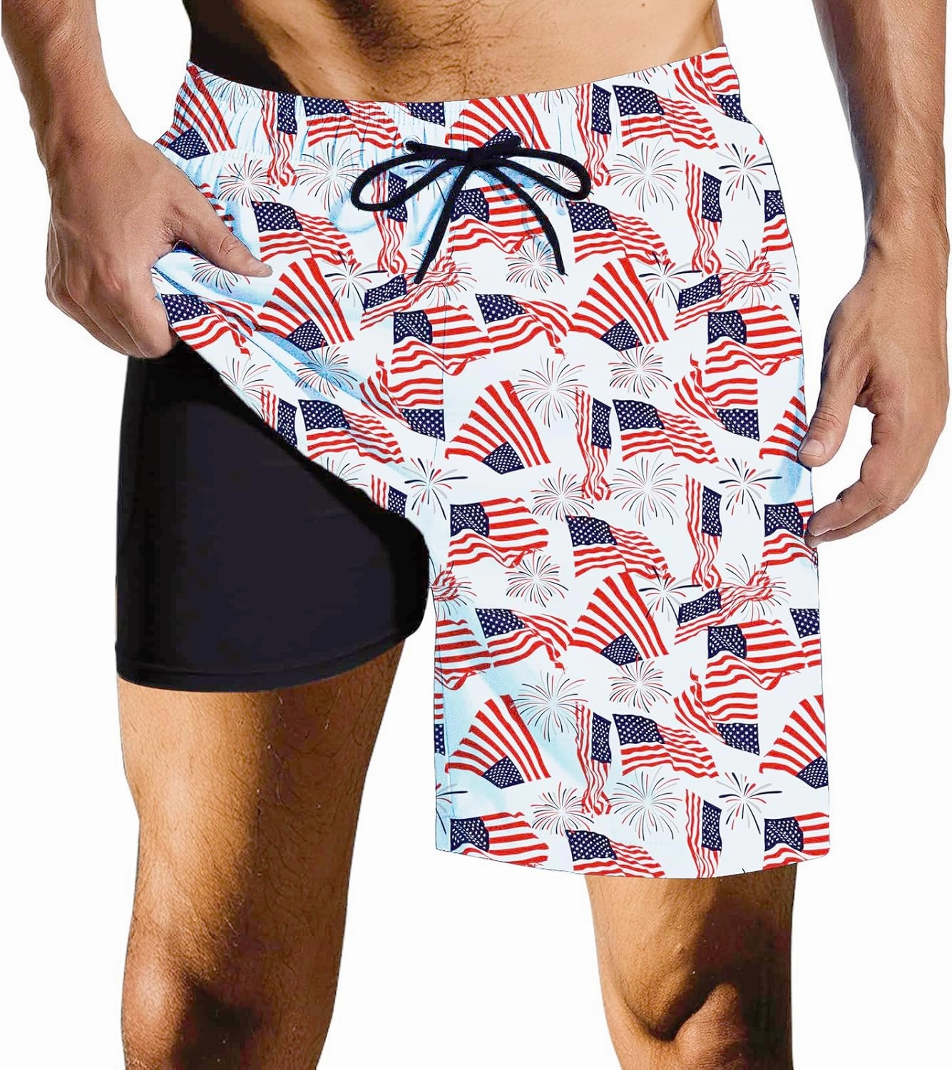 Mens Swim Trunks with Compression Liner Quick Dry Zipper Pocket Bathing