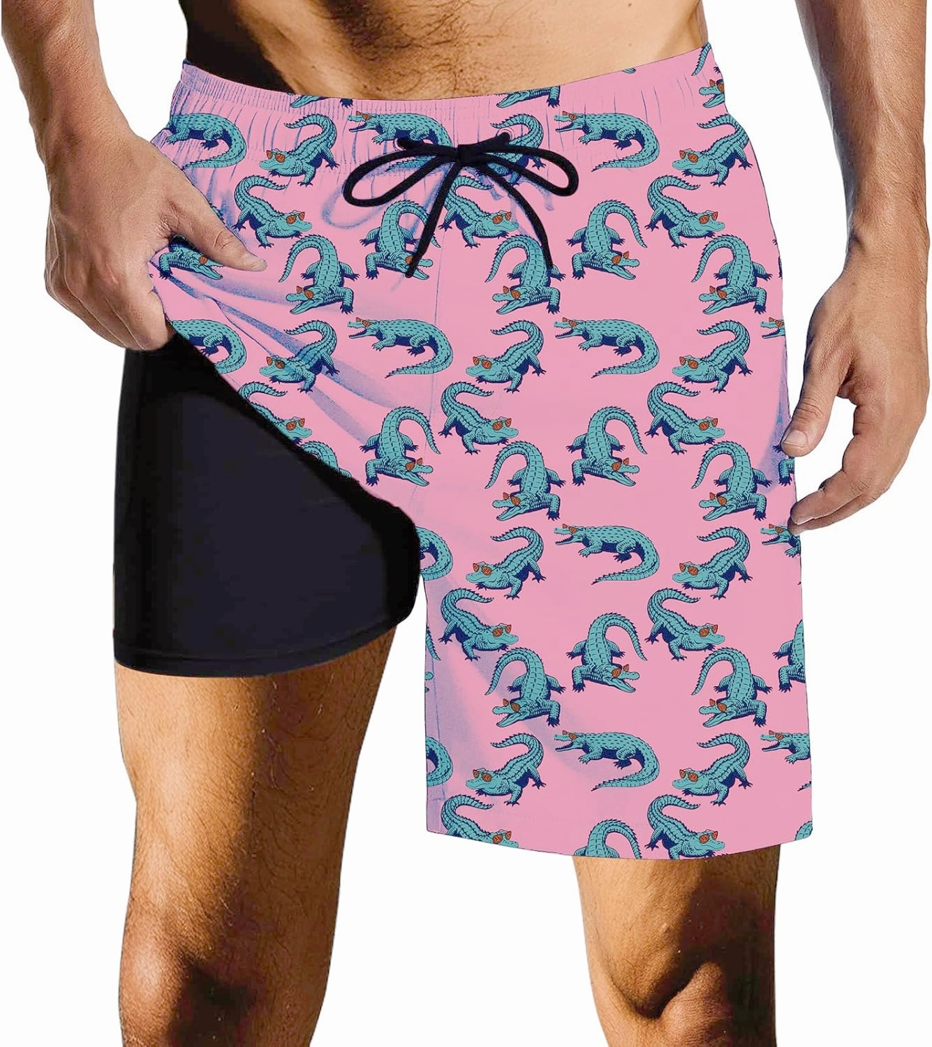 Mens Swim Trunks with Compression Liner Quick Dry Zipper Pocket Bathing