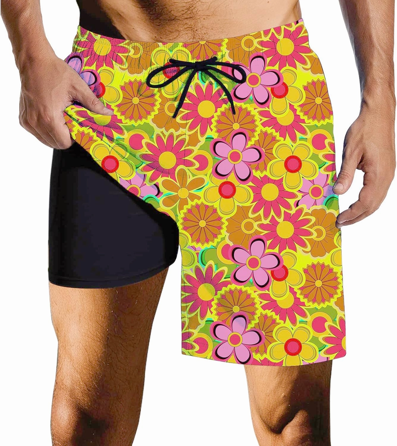Mens Swim Trunks with Compression Liner Quick Dry Zipper Pocket Bathing