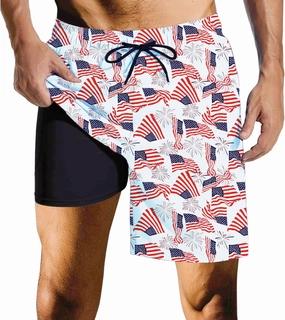 Mens Swim Trunks with Compression Liner Quick Dry Zipper Pocket Bathing