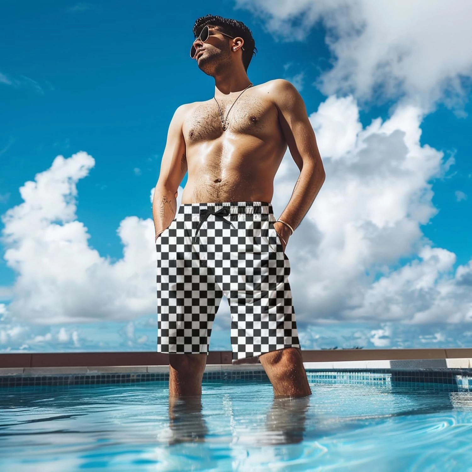 Mens Swim Trunks with Compression Liner Quick Dry Zipper Pocket Bathing