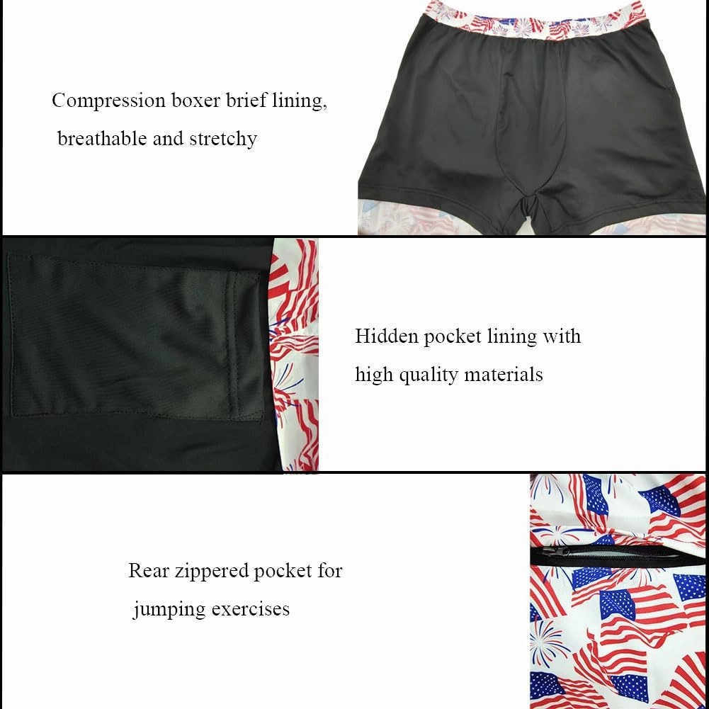 Mens Swim Trunks with Compression Liner Quick Dry Zipper Pocket Bathing