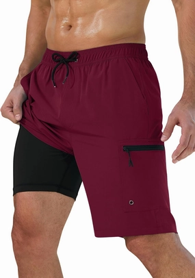 Mens Swim Trunks with Compression Liner Zipper Cargo Pockets Bathing Suit 9 Inch Quick-Dry Swimming Shorts