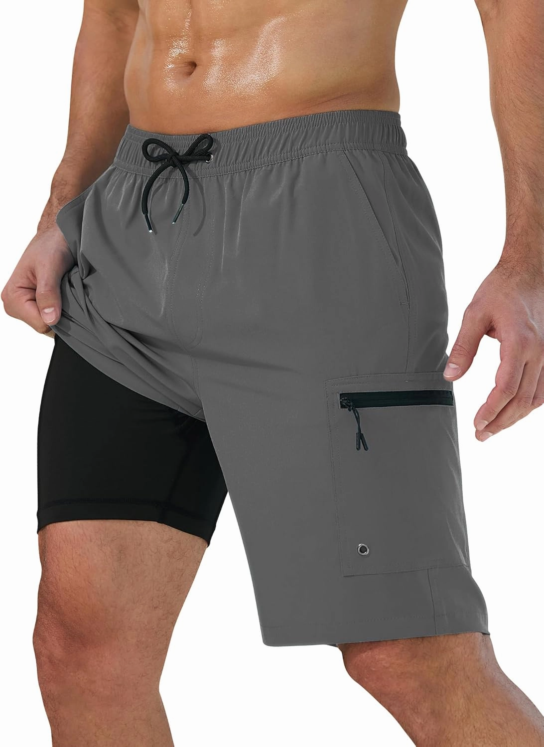Mens Swim Trunks with Compression Liner Zipper Cargo Pockets Bathing Suit 9 Inch Quick-Dry Swimming Shorts
