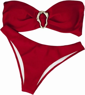 Milumia Women's Metal Ring Strapless Bikini Set High Cut Two Piece Bandeau Swimsuit Bathing Suit