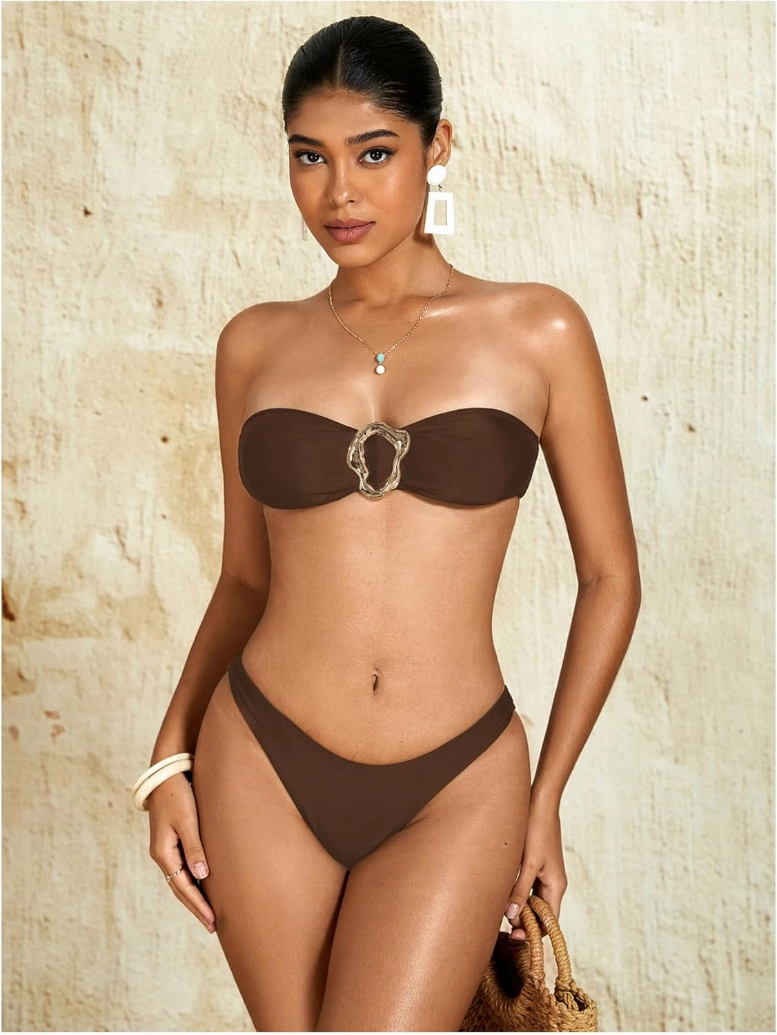 Milumia Women's Metal Ring Strapless Bikini Set High Cut Two Piece Bandeau Swimsuit Bathing Suit