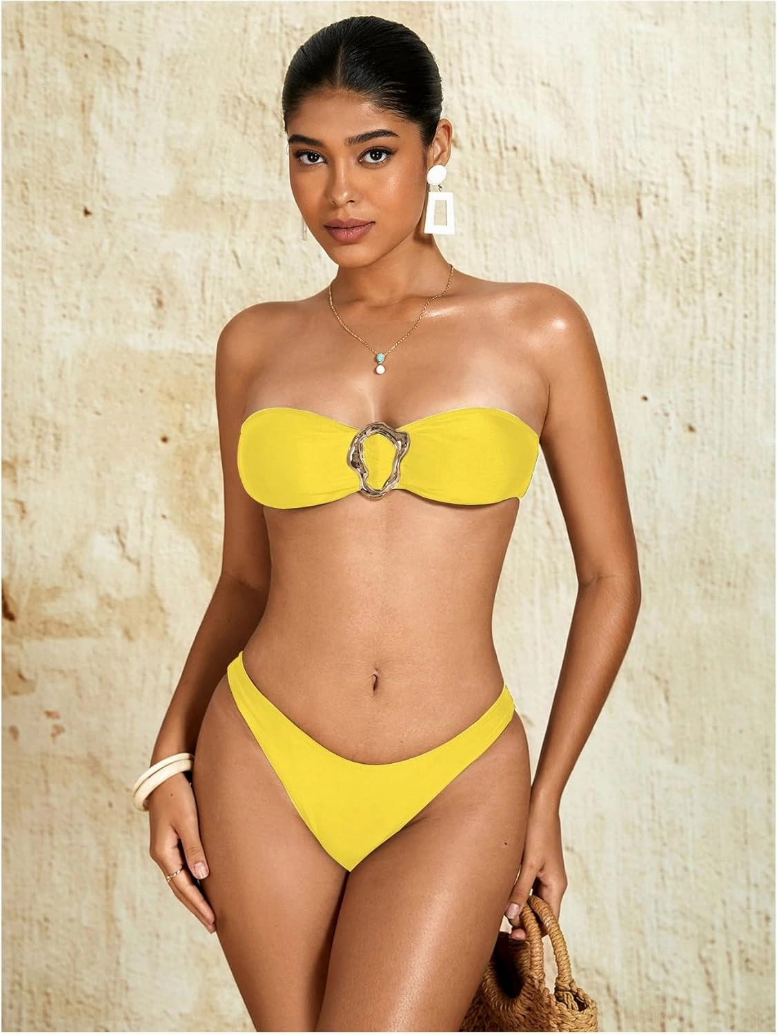 Milumia Women's Metal Ring Strapless Bikini Set High Cut Two Piece Bandeau Swimsuit Bathing Suit