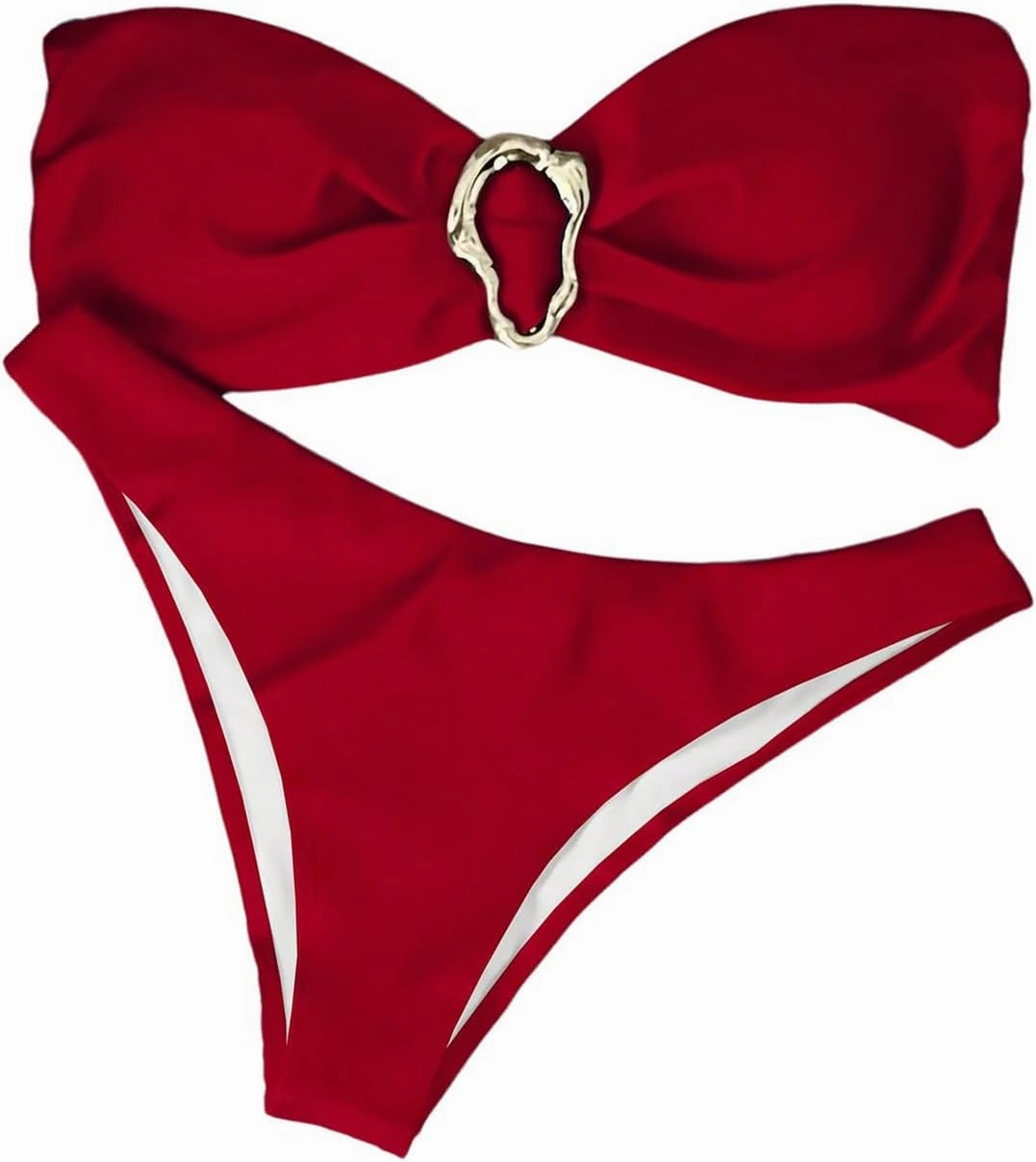 Milumia Women's Metal Ring Strapless Bikini Set High Cut Two Piece Bandeau Swimsuit Bathing Suit