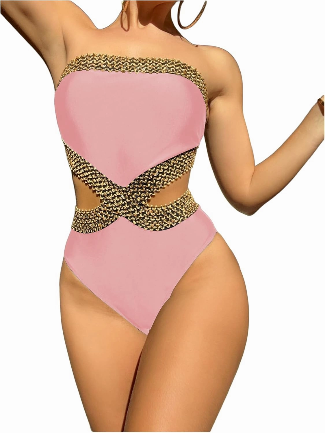 Milumia Women's Stitch Detail Strapless One Piece Swimsuit Cut Out Bandeau Bathing Suit