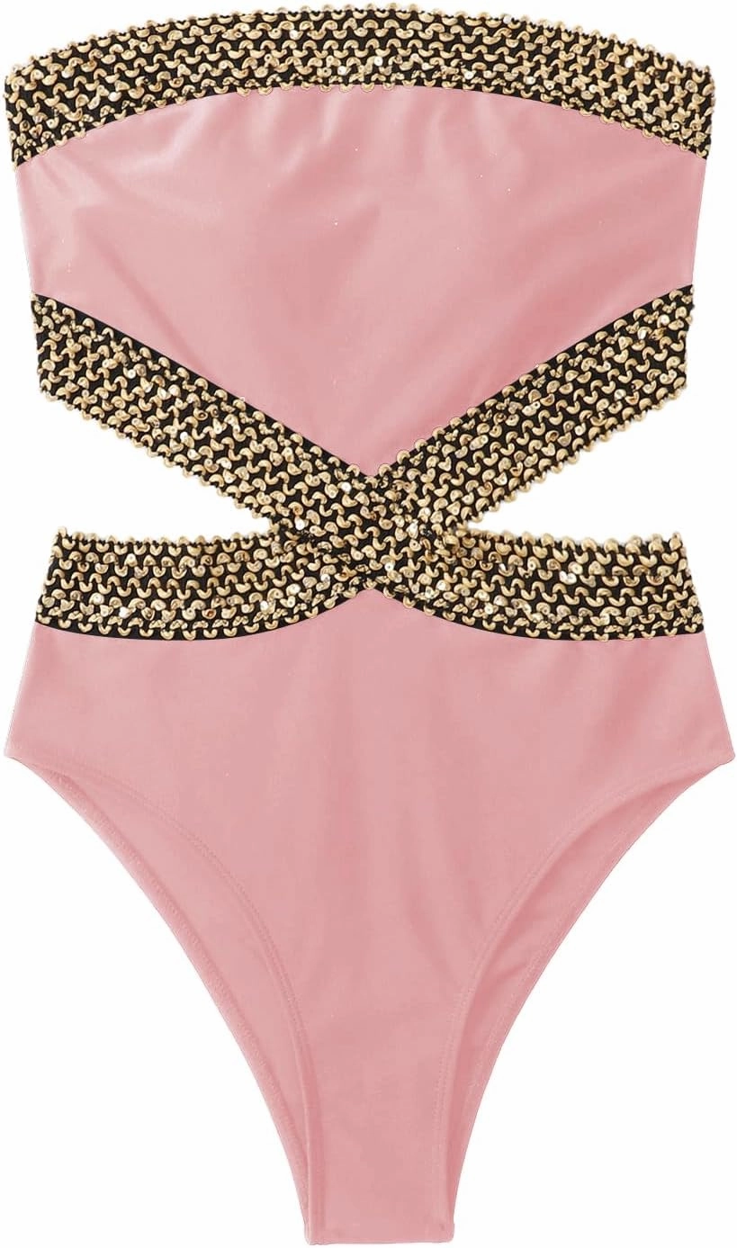 Milumia Women's Stitch Detail Strapless One Piece Swimsuit Cut Out Bandeau Bathing Suit