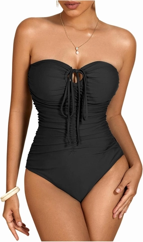 Milumia Women Strapless Bathing Suits Ruched Halter Bandeau One Piece Swimsuit
