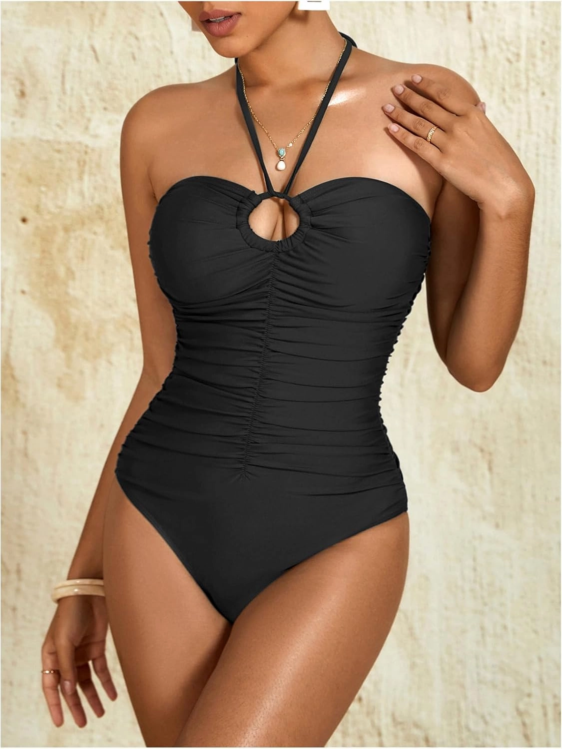 Milumia Women Strapless Bathing Suits Ruched Halter Bandeau One Piece Swimsuit