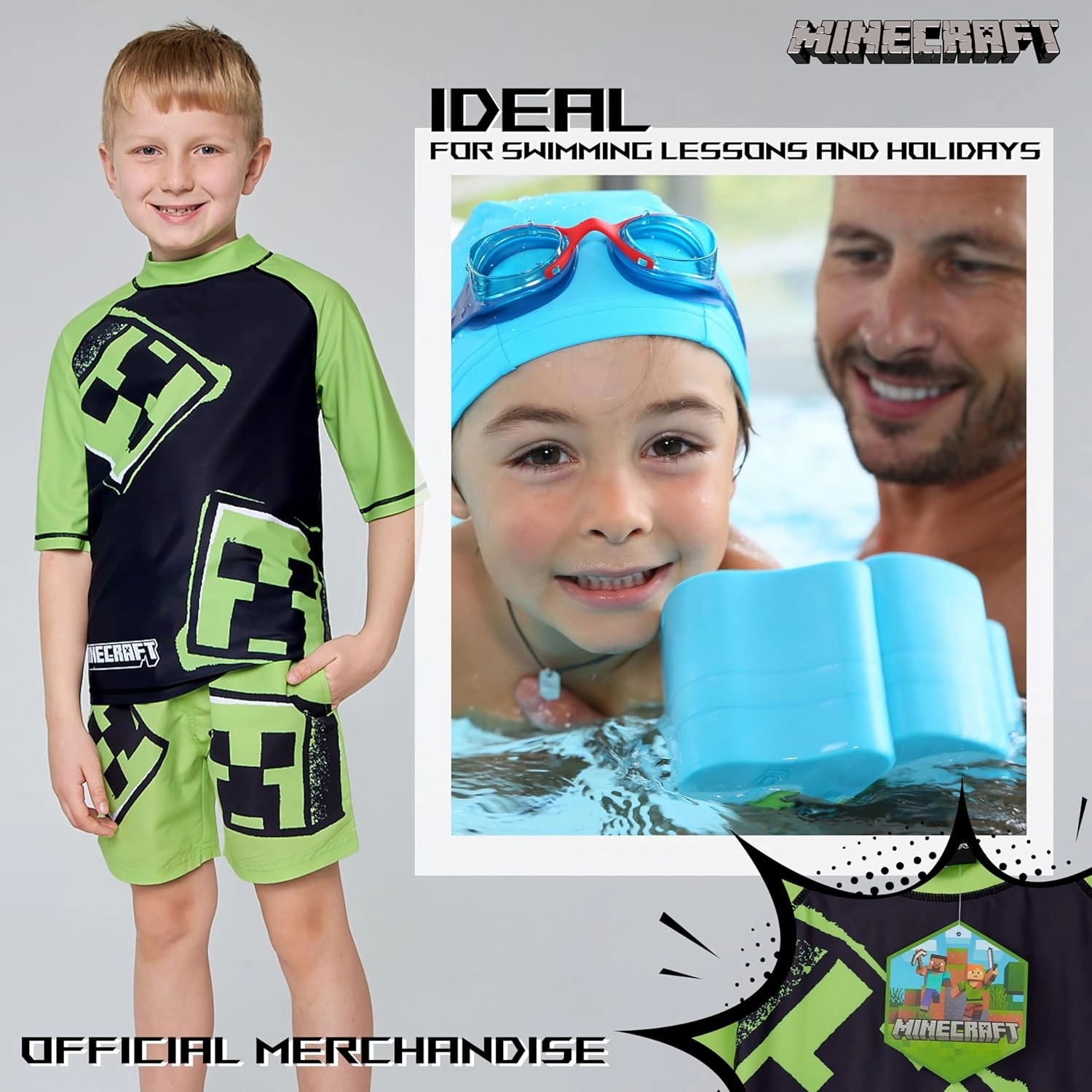 Minecraft Boys 2 Piece Swim Set, Swimming Top and Boys Swim Trunks