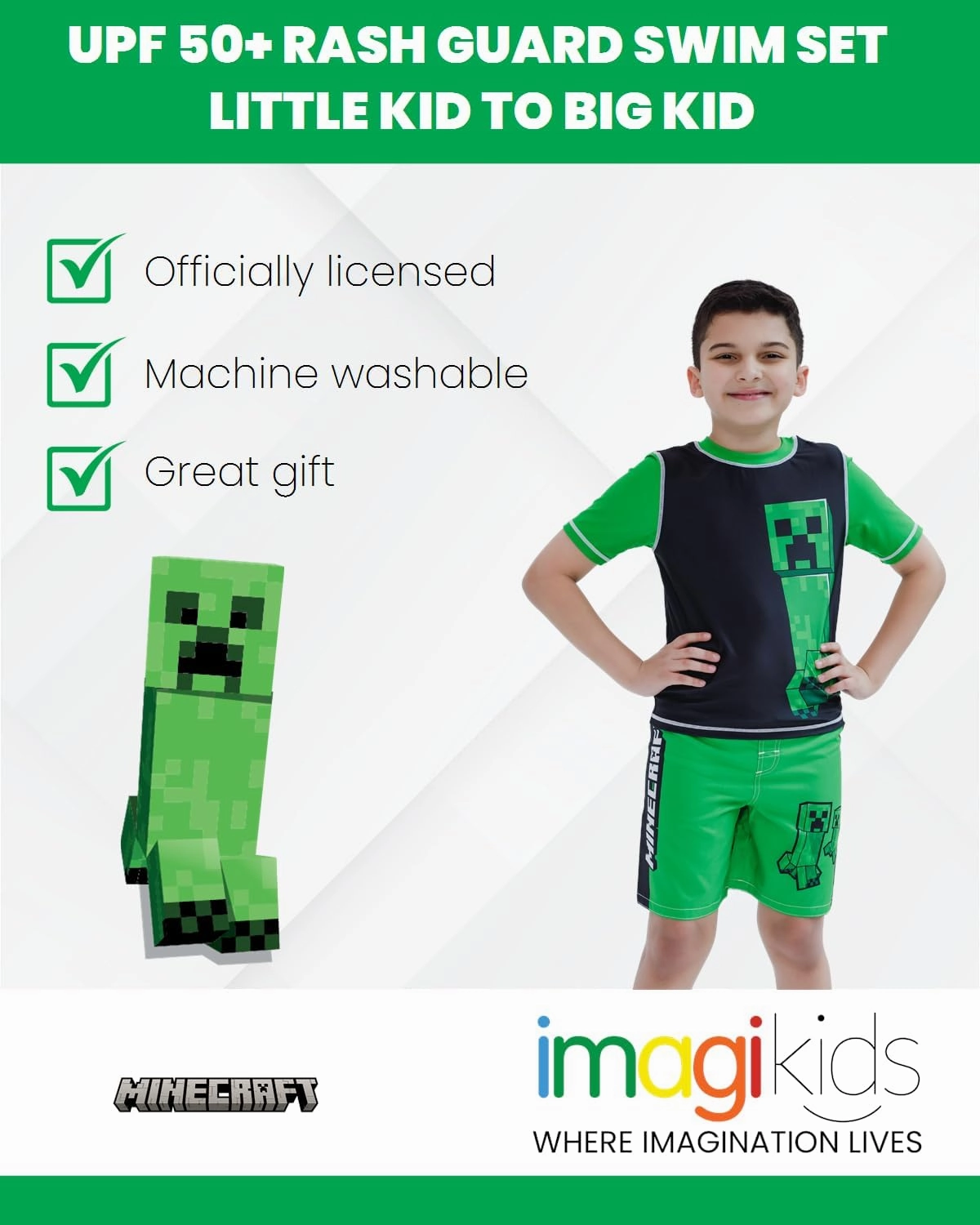 Minecraft Zombie Creeper Alex Steve Rash Guard and Swim Trunks Outfit Set Little Kid to Big Kid