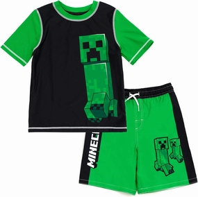 Minecraft Zombie Creeper Alex Steve Rash Guard and Swim Trunks Outfit Set Little Kid to Big Kid