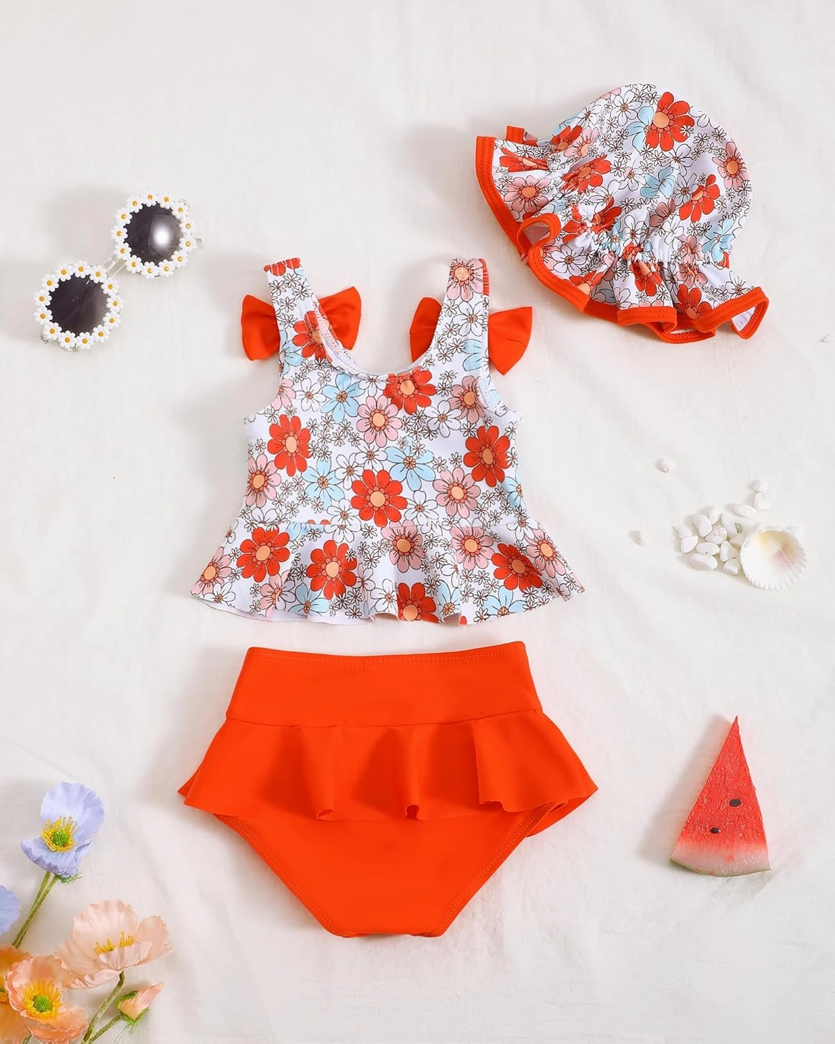 Mioglrie Baby Infant Swimsuit Girl Toddler Bathing Suit Girl Summer Beach Bikini Tankini Swimwear Hat 3-24 Months 2t-5t
