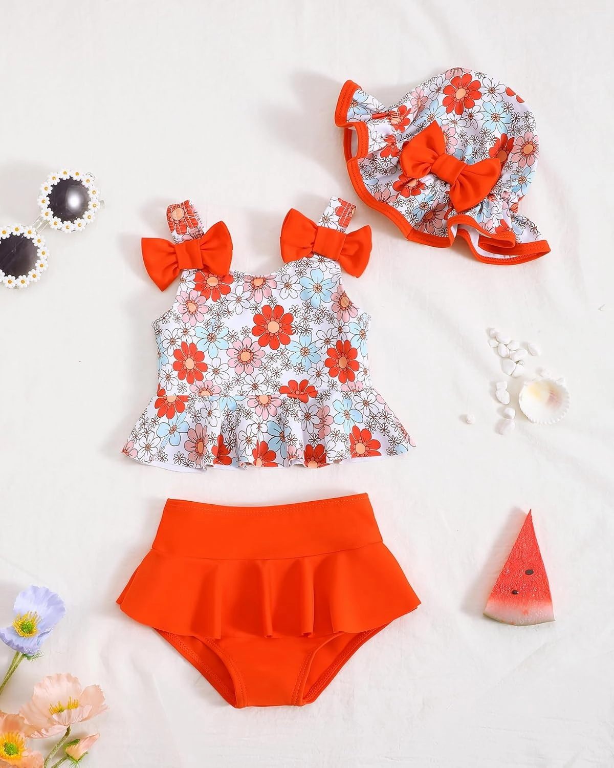 Mioglrie Baby Infant Swimsuit Girl Toddler Bathing Suit Girl Summer Beach Bikini Tankini Swimwear Hat 3-24 Months 2t-5t