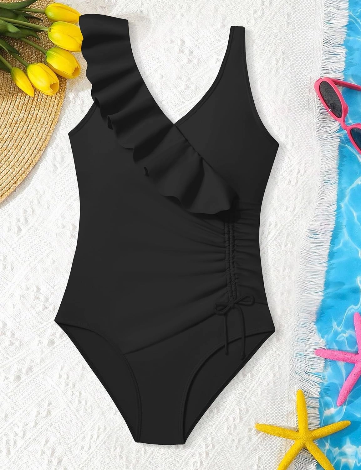 NAPU Girls Swimsuit Ruffle V Neck One Piece Swimsuits Ruched Solid Bathing Suit for Girls Quick Dry Beach Swimwear 9-16 Years