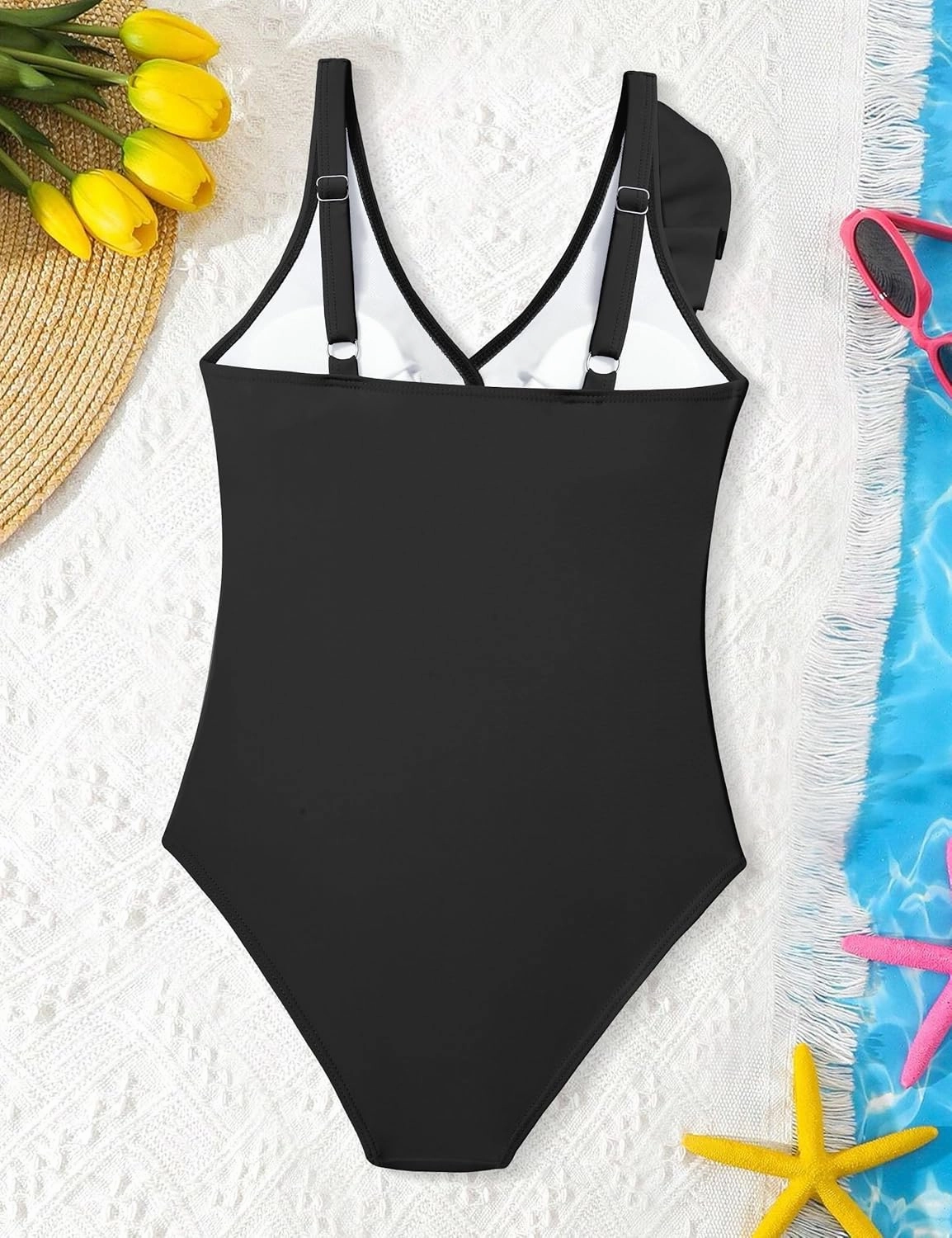 NAPU Girls Swimsuit Ruffle V Neck One Piece Swimsuits Ruched Solid Bathing Suit for Girls Quick Dry Beach Swimwear 9-16 Years