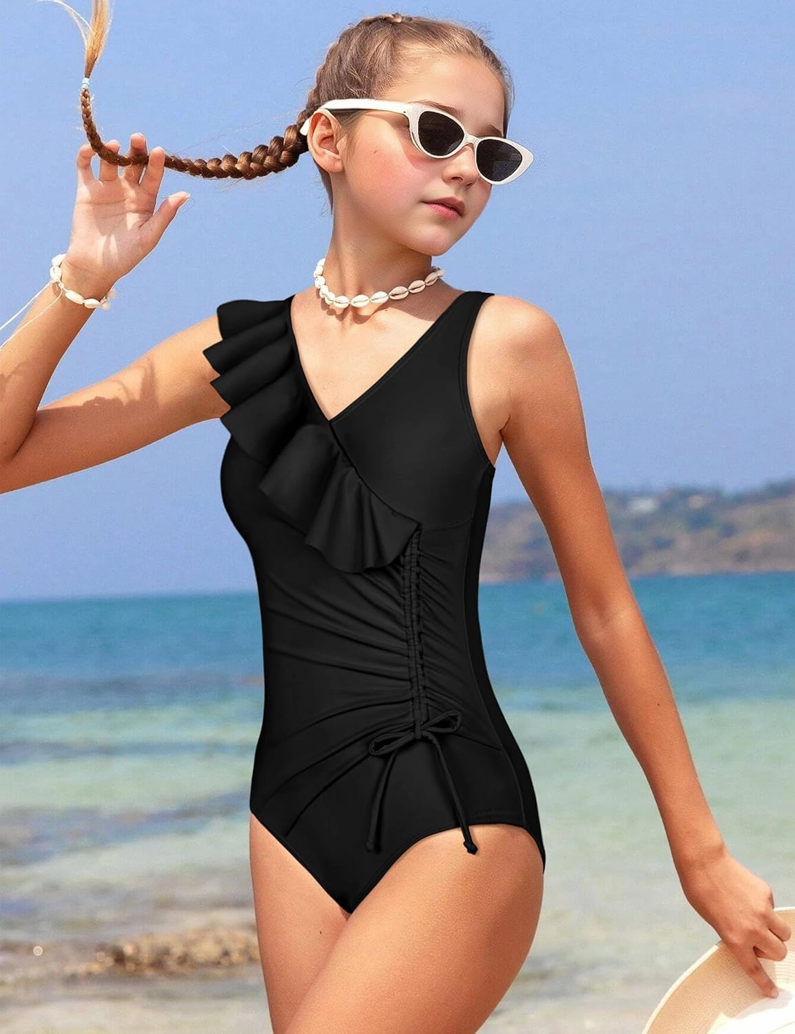 NAPU Girls Swimsuit Ruffle V Neck One Piece Swimsuits Ruched Solid Bathing Suit for Girls Quick Dry Beach Swimwear 9-16 Years
