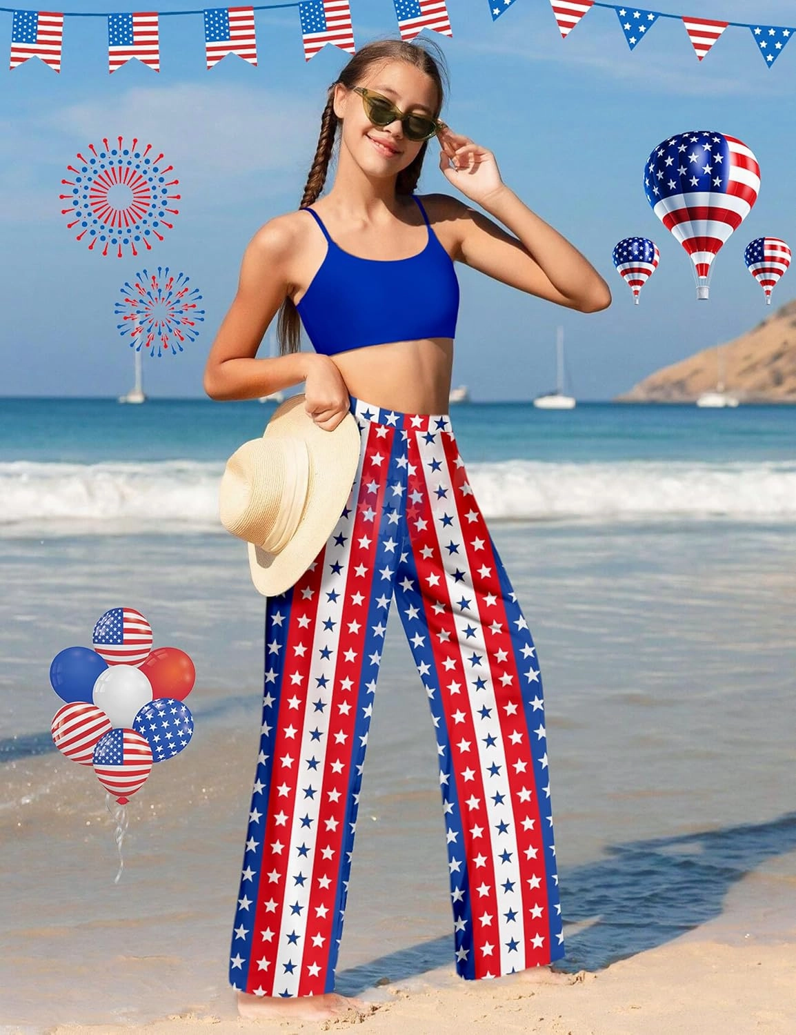 NECIOUS Girls Swimsuit, 3 Piece Bikini Bathing Suit Tropical Floral Swimwear with Cover Up Pants 7-16Y