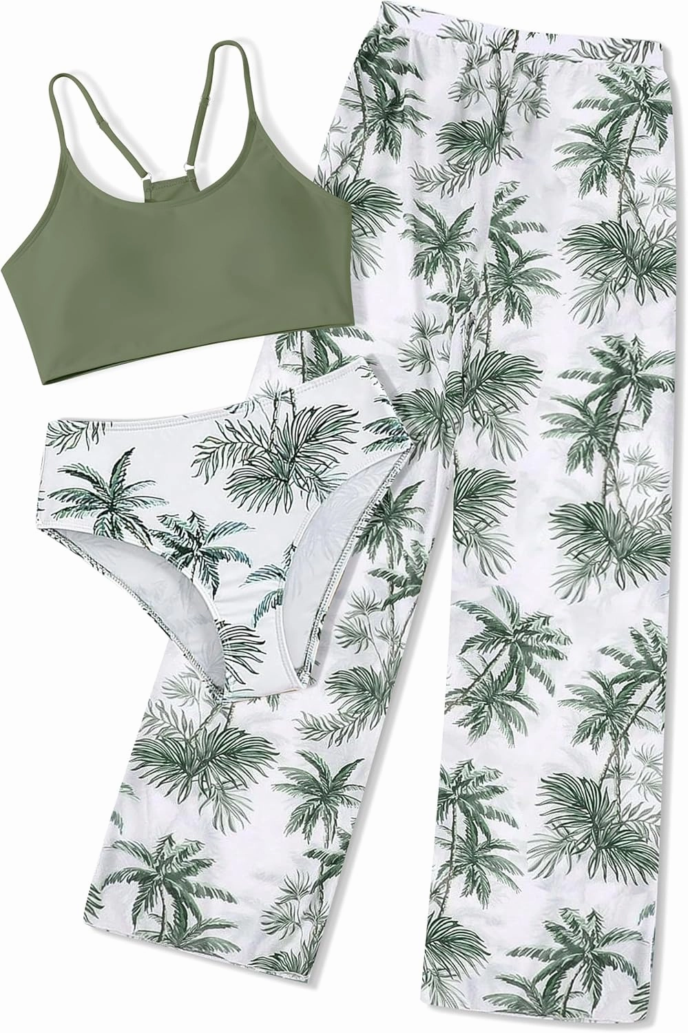 NECIOUS Girls Swimsuit, 3 Piece Bikini Bathing Suit Tropical Floral Swimwear with Cover Up Pants 7-16Y