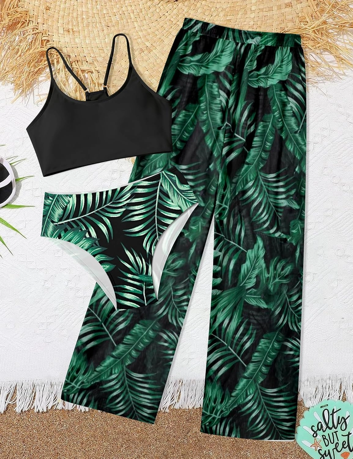 NECIOUS Girls Swimsuit, 3 Piece Bikini Bathing Suit Tropical Floral Swimwear with Cover Up Pants 7-16Y