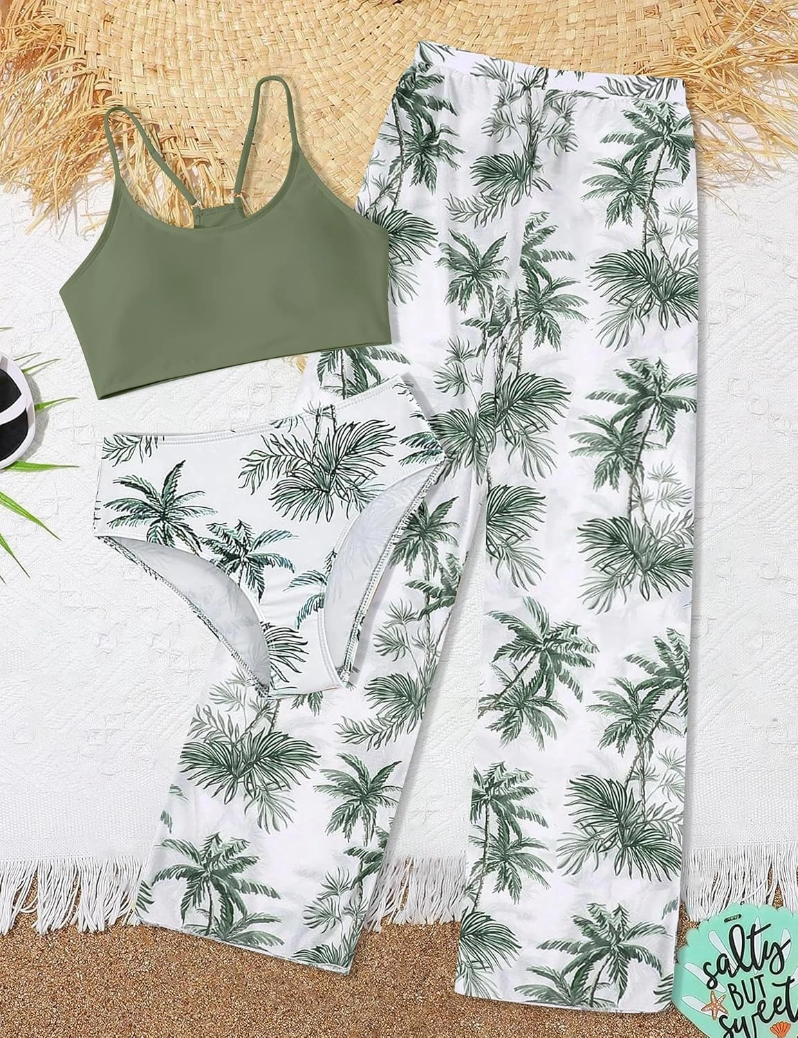 NECIOUS Girls Swimsuit, 3 Piece Bikini Bathing Suit Tropical Floral Swimwear with Cover Up Pants 7-16Y
