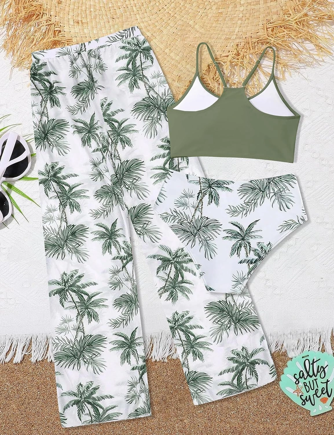 NECIOUS Girls Swimsuit, 3 Piece Bikini Bathing Suit Tropical Floral Swimwear with Cover Up Pants 7-16Y