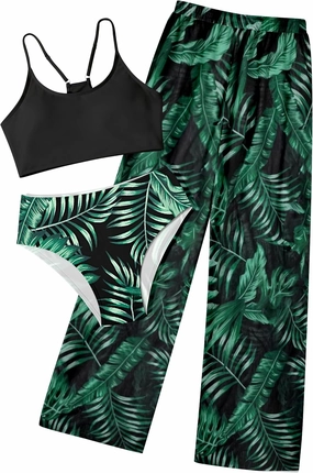 NECIOUS Girls Swimsuit, 3 Piece Bikini Bathing Suit Tropical Floral Swimwear with Cover Up Pants 7-16Y