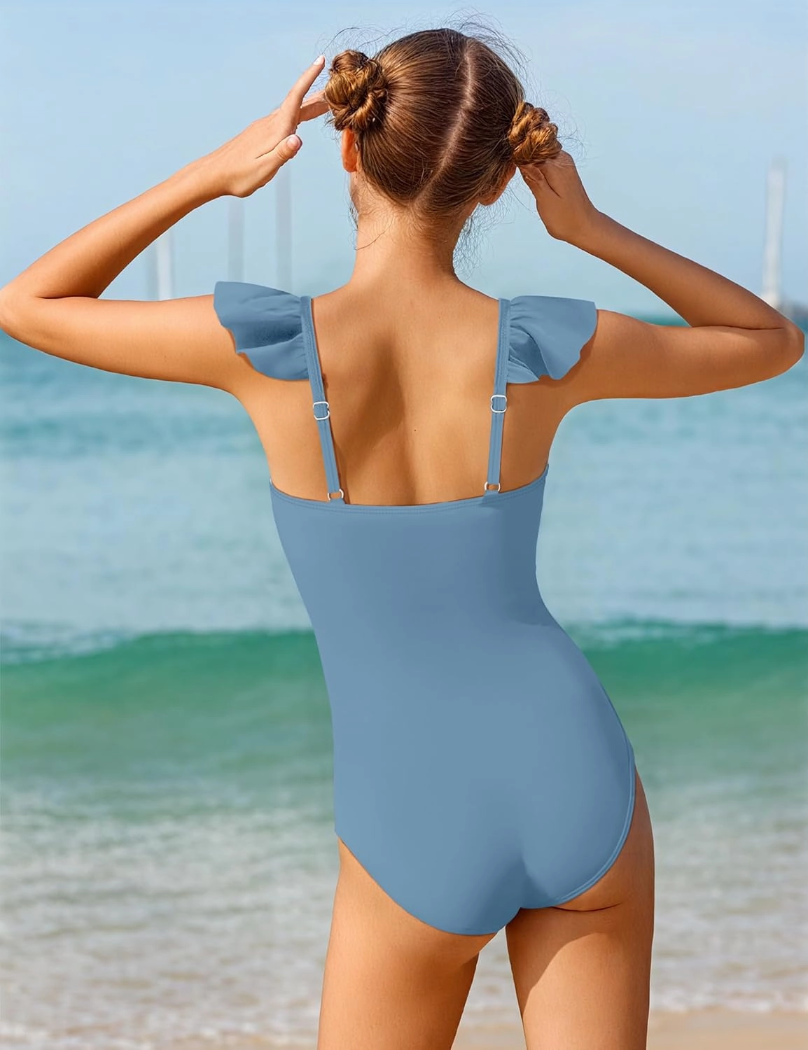 NECIOUS Girls Swimsuit Ruffle Adjustable Straps One Piece Bathing Suit Solid Color Ruched Girls' Swimwear 9-16Y