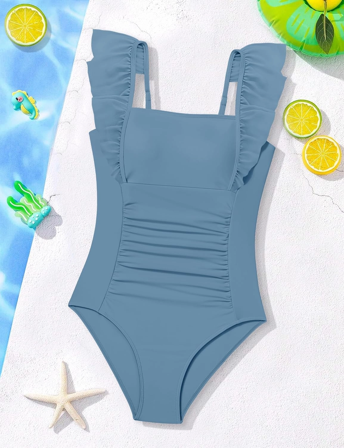 NECIOUS Girls Swimsuit Ruffle Adjustable Straps One Piece Bathing Suit Solid Color Ruched Girls' Swimwear 9-16Y
