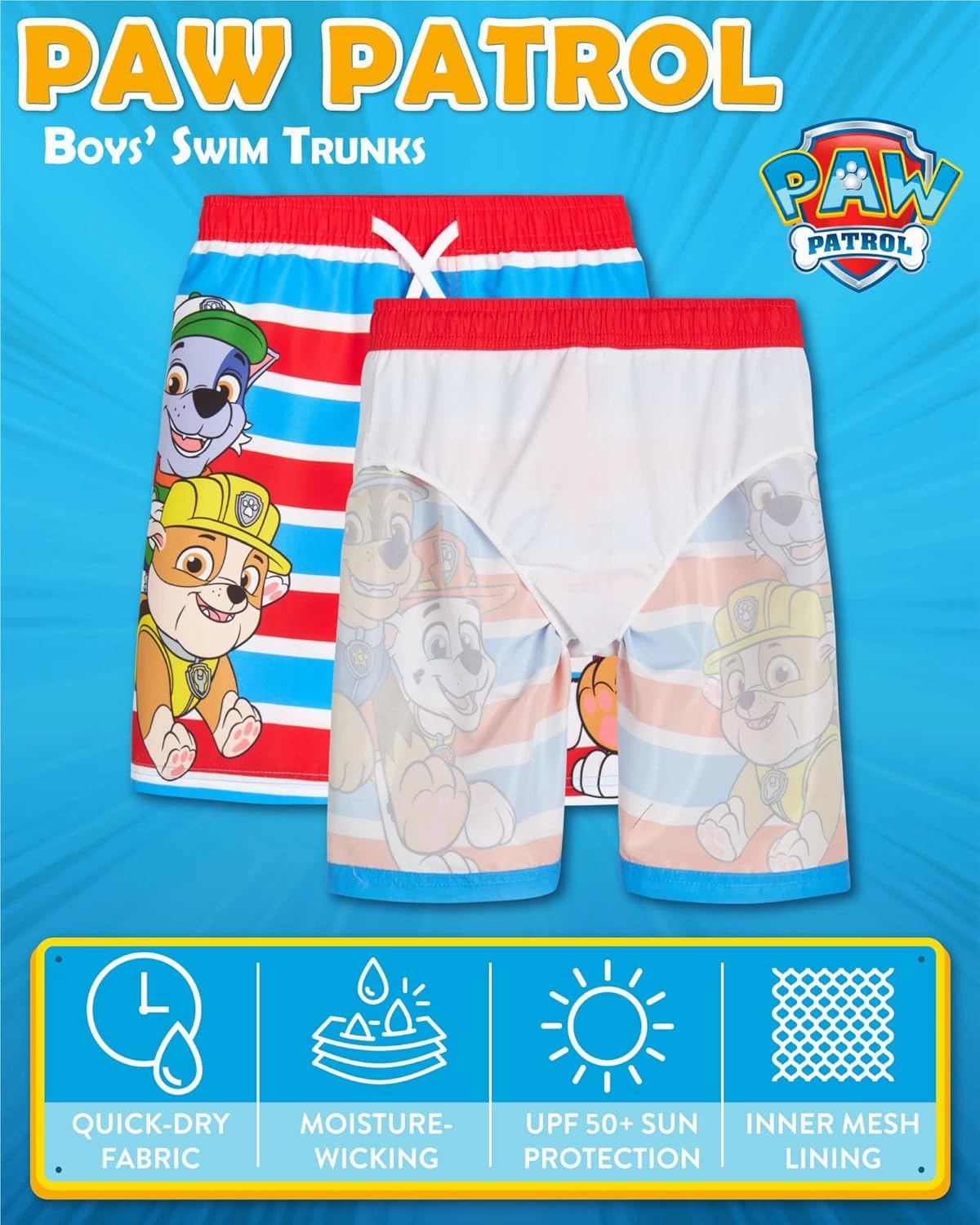 Nickelodeon Boys Swim Trunks - Paw Patrol Chase Marshall Rubble TMNT UPF 50  Boys Swim Shorts for Toddler and Little Boy
