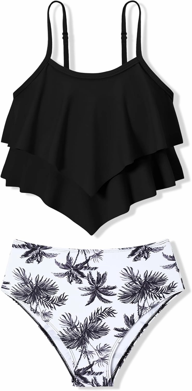 oklady Girls Swimsuit 2 Piece Bikini Set Tiered Ruffled Bathing Suit Adjustable Straps Girls' Swimwear