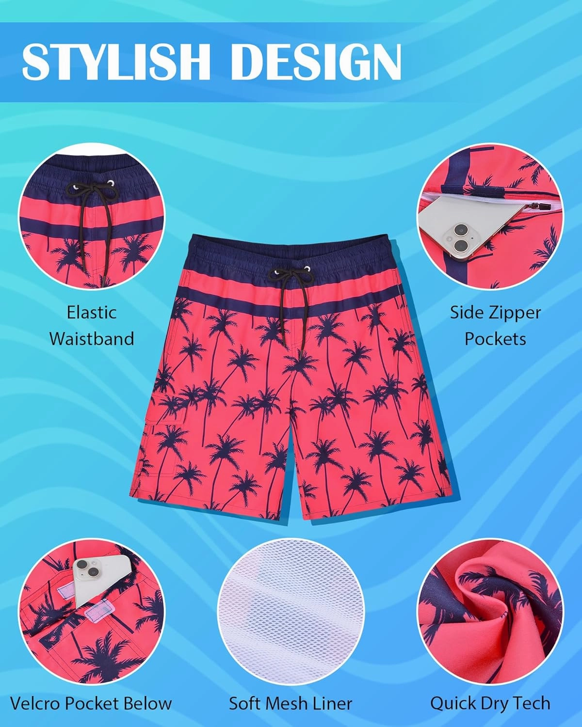 OlyPegic Mens Swim Trunks 9 Inch Quick Dry Board Shorts Mens Bathing Suit Beach Swimwear Mesh Lining with Zipper Pock