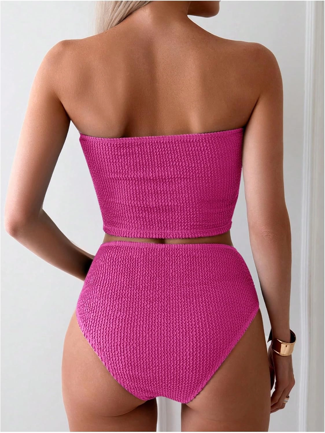 OYOANGLE Women's 2 Piece Strapless Swimsuit High Waisted Smocked Bandeau Bathing Suit