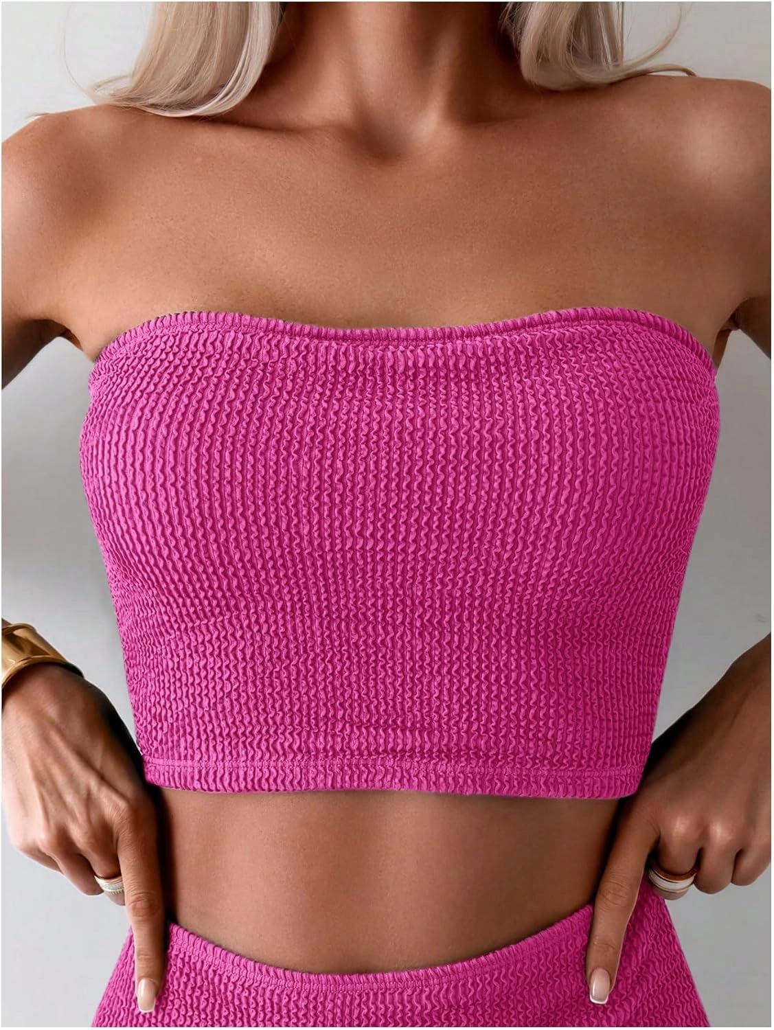 OYOANGLE Women's 2 Piece Strapless Swimsuit High Waisted Smocked Bandeau Bathing Suit